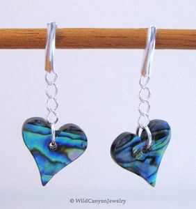 Paua Shell Heart Drop Earrings - Sterling Silver Posts - Picture 1 of 2