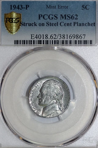 Mint Error 1943-P Jefferson War Nickel Struck on Steel Cent Planchet (38169867) Cover