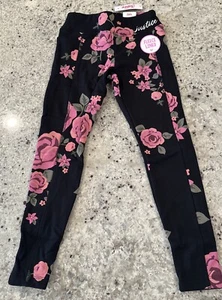Justice Girls Leggings Blue 7 Full Length Fleece Lined Pocket Flowers Logo - Picture 1 of 3