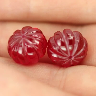 27.37ct Pair 2pcs Recrystallized Pigeon Blood Ruby Pumpkin 12x8.5 Lab Grown  - Image 1 of 4