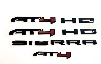 4PCS Gloss Black Red AT4 HD Emblems Sierra Letters Fit GMC Sierra 2500HD 3500HD - Image 1 of 2