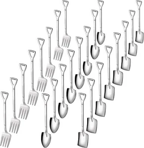 24 Pieces Mini Shovel Spoons and Fork Set, 4.7 Inch Small Stainless Steel Spoons - Picture 1 of 2