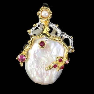 925 Sterling Silver Pendant Round Ruby Myanmar Pearl Natural Gemstone Jewelry - Picture 1 of 14