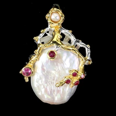925 Sterling Silver Pendant Round Ruby Myanmar Pearl Natural Gemstone Jewelry - Image 1 of 4