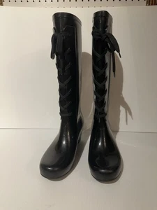 YSL NAVY BLUE RUBBER KNEE-HIGH WEDGE RAIN FRONT TIE CLOSURE BOOTS SZ10 ITALY - Picture 1 of 18