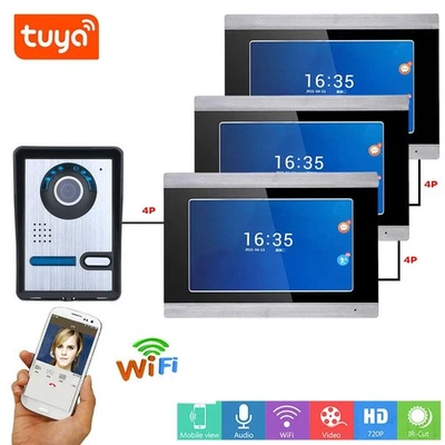 3 Monitors Wired Wifi Video Doorbells Smart Intercom System Remote APP Unlocking - Image 1 of 4