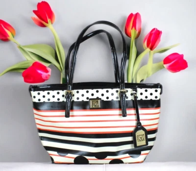 ANNE  KLEIN SHOULDER PURSE BLACK, RED & CREAM STRIPED W/RED LINING DIVIDERS TAG - Image 1 of 4