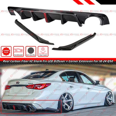 FOR 2018-2024 INFINITI Q50 CARBON FIBER V2 LED REAR DIFFUSER + CORNER EXTENSION - Image 1 of 4