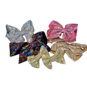 Vtg 80's Girls Sequin Hair Bow Clips Lot x6 DANCE 4 Large 2 Sm Pink Silver Gold - Picture 1 of 8