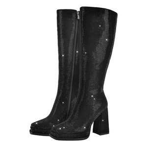 Onlymaker Women's Rhinestone Platform Chunky Heel Knee High Boots Side Zipper - Picture 1 of 17