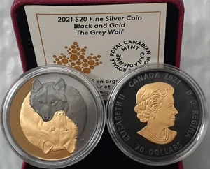 2021 Gold and Black Grey Wolf $20 1OZ Pure Silver Proof Canada Coin - Picture 1 of 5