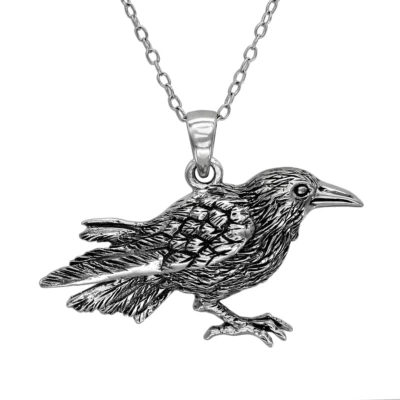 Sterling Silver Raven Pendant Crow Necklace Corvid Animal Bird Totem Jewelry 20" - Image 1 of 4