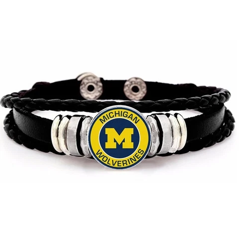 Michigan Wolverines Mens Womens Black Leather Bracelet w GiftPk D14 Cover