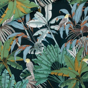 ALGODÓN JUNGLE Cotton LONA GABARDINA SARGA Tela TROPICAL Loros Palmeras - Imagen 1 de 12