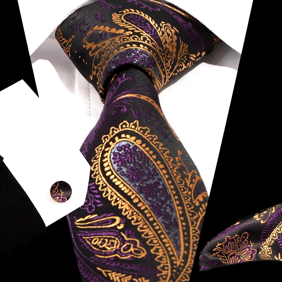 Conjunto de corbata de seda para hombre cachemira púrpura corbata bolsillo cuadrado gemelos boda fiesta Foto 1 de 1