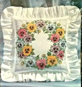 Bucilla Pansy Flowers Wreath Pillow KIT 14" x 14" Great gift idea!! - Picture 1 of 9