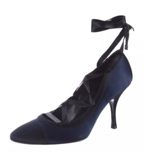Chanel 39.5 9 Blue Black Navy Cap Toe Satin Womens Designer Ballet Heels Shoes - Picture 1 of 8