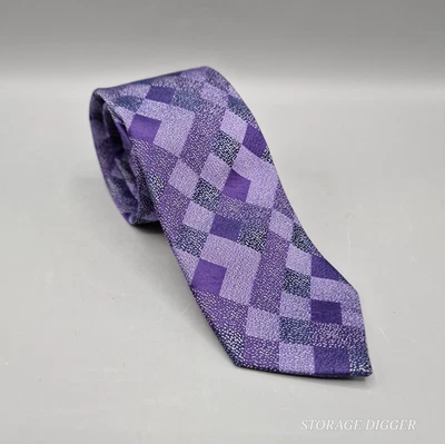 Vintage Bar III Mens Neck Tie Purple Geometric Check 100% Silk Handmade Designer - Image 1 of 4