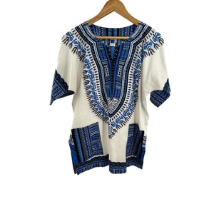 Mens Mama & Papa Dashiki Shirt Medium Blue White Short Sleeve African Print - Picture 1 of 8