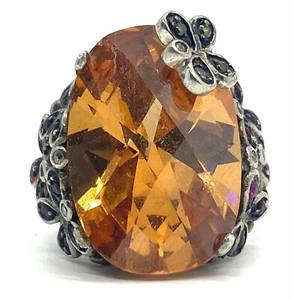 Women's Sterling Silver Statement Ring Band Size 6 Orange Flower Butterfly - Picture 1 of 12