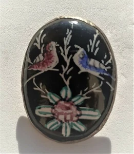 PIN BROOCH VINTAGE HANDMADE SILVER BLACK PAINTED ENAMEL OVAL SHAPE 20th CENTURY - Picture 1 of 4