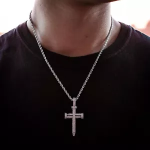 18 Karat Weißgold Echt Eis Diamant Nagel Kreuz Tennis Halskette Kette Choker - Bild 1 von 6
