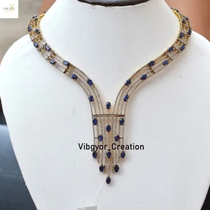 Pave Diamond Necklace Sapphire Gemstone 925 Solid Silver Gold Plated Jewellery - Imagen 1 de 2