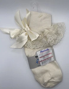 Vintage 90s McCubbin Girls Youth Dress Socks Sz 7/8X Cream Ankle Cuff Ruffle Bow - Picture 1 of 4