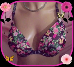 40D  Black Pink Floral w DOT Extreme Lift Victorias Secret Plunge PushUp UW Bra  - Picture 1 of 12