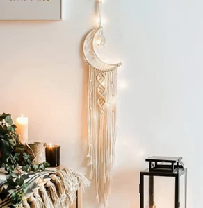 Macrame Woven Wall Hanging Crochet Crescent Moon Dream Catcher Lights included - Picture 1 of 5