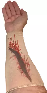 BRACCIA FASCIA TATUAGGIO MANICA cicatrice sanguinante ferita zombie pelle finta taglio carne Halloween - Foto 1 di 8
