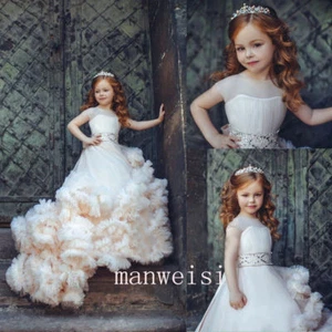 Ivory Tulle Flower Girl Dress Rhinestones Princess Pageant Kids Gowns With Train - Picture 1 of 7