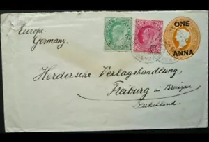 Indien - QV One Anna Uprated Cover with King Edward VII stamps to Germany 1910 - Bild 1 von 2