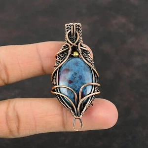 Ruby In Blue Kyanite Jewelry Copper Gift For Mum Wire Wrapped Pendant 2.48" - Picture 1 of 6