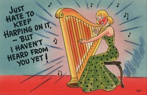 Blonde Woman Green Dress Playing Harp No 569 Vintage Comic Postcard - Picture 1 of 2