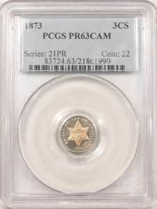 1873 PROOF THREE CENT SILVER - PCGS PR-63 CAM, CAMEO, LOOKS GEM, PREMIUM QUALITY - Picture 1 of 3