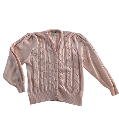 Vtg Y2K 2000s Pink Knit Cardigan Pearl Button Sz L Coquette Cottagecore — 第 1/4 张图片