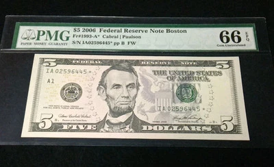 2006 $5 Boston Federal Reserve Star Note FRN • 1993-A* • PMG 66 EPQ - Image 1 of 3