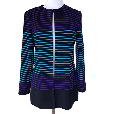 Chaqueta de punto acrílico a rayas MING WANG talla pequeña negra púrpura cárdigan acuático Foto 1 de 4
