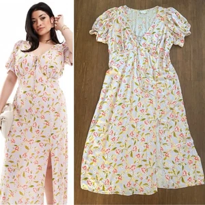 ASOS Midikleid Damen 20 Milkmaid Babydoll Cottagecore Frühling Blumen Flieder Lang - Bild 1 von 14