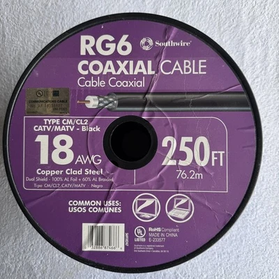 250-ft Roll, 18AWG, RG6 Black Coaxial Cable Southwire New - Image 1 of 2