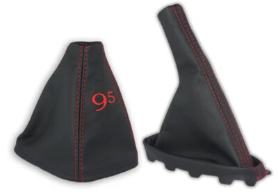 FOR SAAB 9-5 YS3E 97-2010 GEAR BOOT + HANDBRAKE GAITER LEATHER EMBROIDERY RED - Image 1 of 3