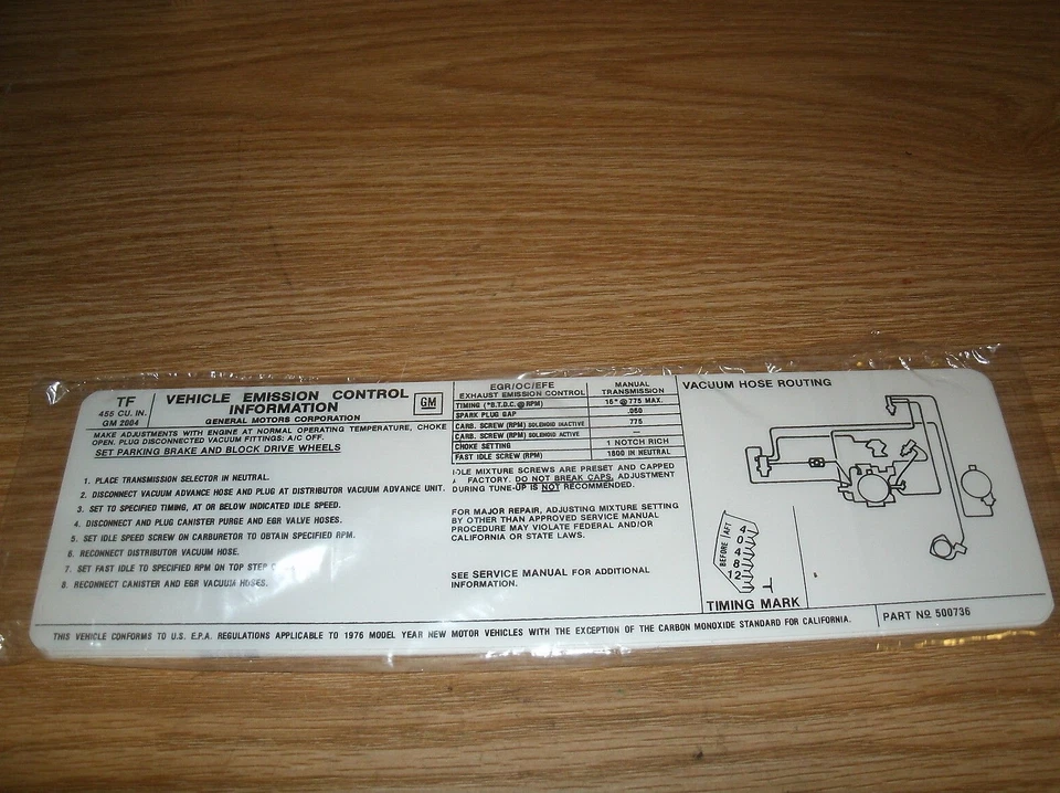 1976 PONTIAC FIREBIRD GRAND AM PRIX LEMANS SAFARI 455 ENG EMISSIONS DECAL 4SP TF - Image 1 of 1