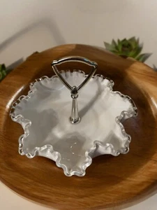 Fenton Art Glass Silver Crest Milk Glass Ruffled Edge Serving Handle Candy Dish - Picture 1 of 4