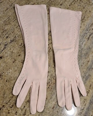 Vtg Plus Size L/XL Pink Nylon Stretch Formal 15" Long Gloves Embroidered Chevron - Image 1 of 4