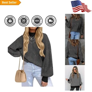 Women's Striped Batwing Sleeve Turtleneck Sweater - Timeless Autumn Essential - Picture 1 of 8