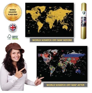 Deluxe Scratch Off World Map Poster with Country Flags Black Travel Gift 42x30cm - Picture 1 of 6