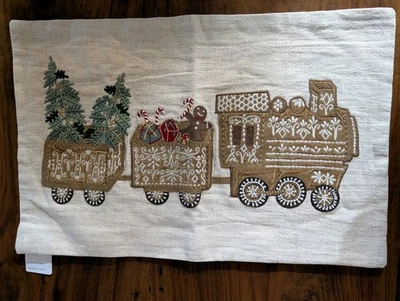 POTTERY BARN Gingerbread Train Embroidered Lumbar Pillow Cover-NWT - Image 1 of 4
