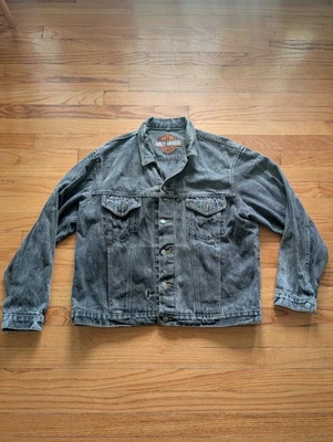 Harley Davidson Grey Long Sleeve Embroidered Logo Denim Jacket Size L Eagle  - Image 1 of 4