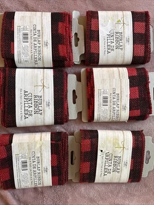 Lot (6) Burlap Ribbon Buffalo Plaid 5”x 3yds Black Red Love Laugh Craft ~ NEW - Image 1 of 4